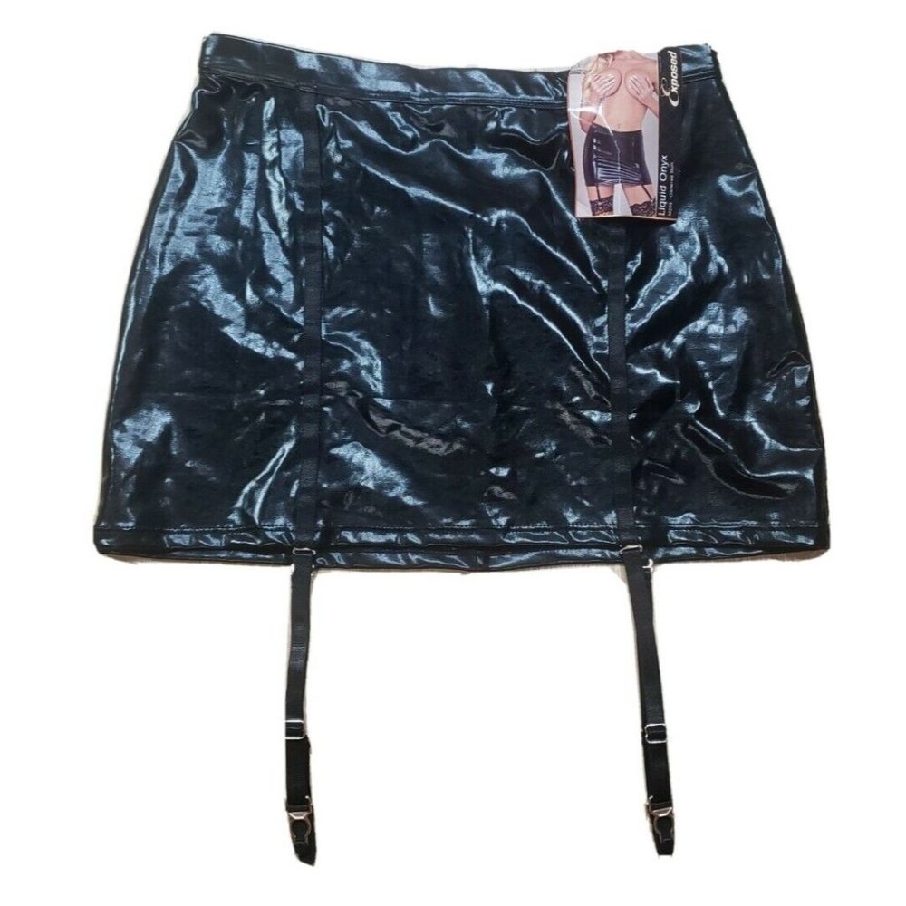 NEW - Magic Silk Liquid Onyx Gartered Skirt Black S/M M206 Exposed Sexy Fetish
